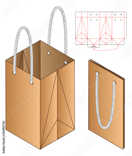 Paper Bag packaging die cut template design. 3d mock-up