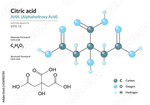 Citric acid. AHA Alphahydroxy acid. Structural chemical formula and molecule 3d model. Atoms with color coding. Vector illustration