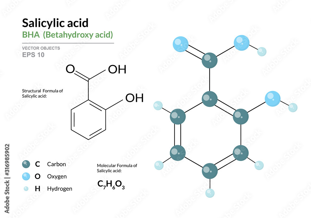 Salicylic acid. BHA Betahydroxy acid. Structural chemical formula and molecule 3d model. Atoms