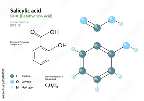 Salicylic acid. BHA Betahydroxy acid. Structural chemical formula and molecule 3d model. Atoms with color coding. Vector illustration photo