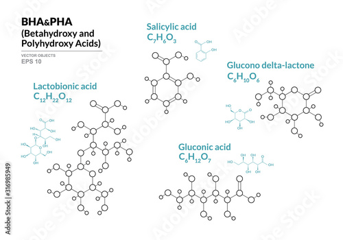 Salicylic, Lactobionic, Gluconic, Glucono d-lactone acids. BHA, PHA Betahydroxy and Polyhydroxy acids. Structural chemical formula and molecule model. Vector illustration