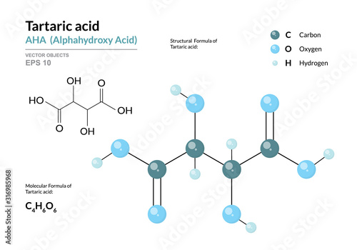 Tartaric acid. AHA Alphahydroxy acid. Structural chemical formula and molecule 3d model. Atoms with color coding. Vector illustration