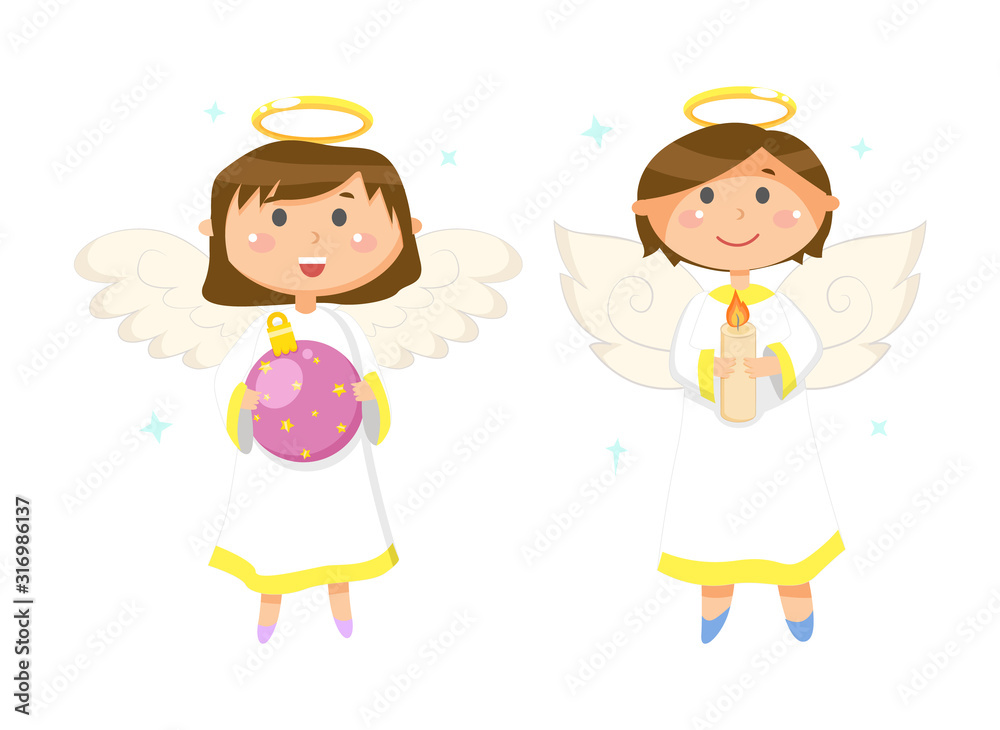 Girl holding glossy ball with stars, boy with candle, flying angels with wings and nimbus, smiling couple of little people in white clothes vector Girl holding glossy ball with stars, boy with candle, flying angels with wings and nimbus, smiling couple of little people in white clothes vector