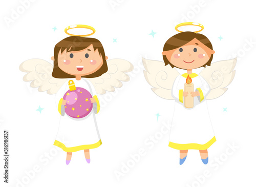 Obraz na plátně Girl holding glossy ball with stars, boy with candle, flying angels with wings a