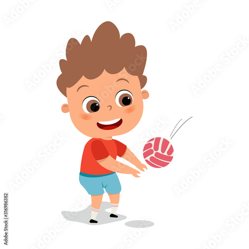 cute kid teen boy play volleyball vector illustration. Happy cute kid play volleyball. Boy and sport. Cute kids play sport games. Volleyball player cartoon illustration. Kids volleyball. Sport games