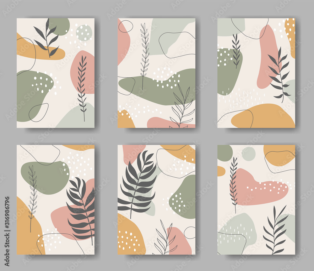 Set of six vector cards with abstract forms and leaves ornament	