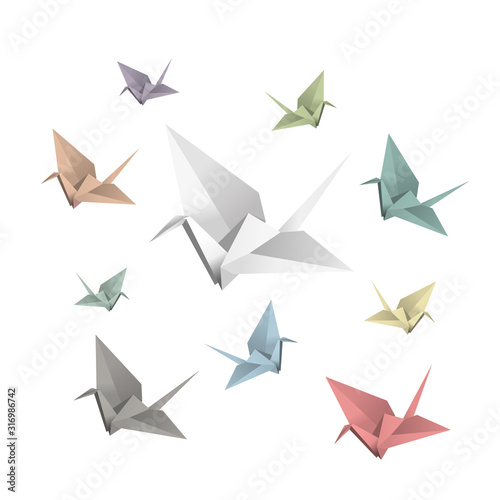 Fototapeta Naklejka Na Ścianę i Meble -  Illustration of origami crane, traditional symbol in japan, colorful icons of paper folded birds on white background