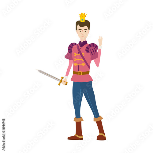 Young Prince with crown in medieval fairytale costume and sword