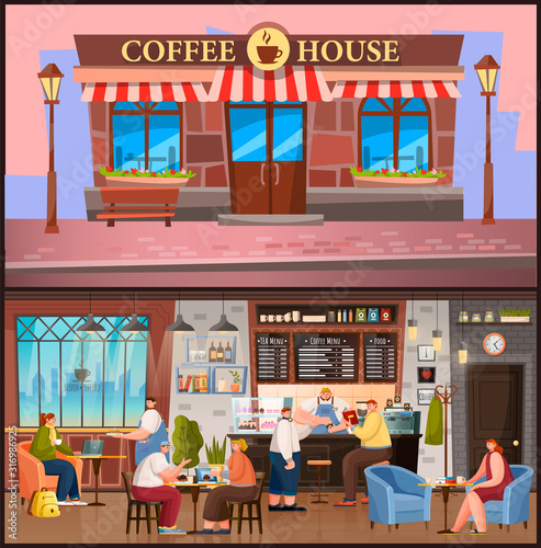 Pictures of coffeehouse exterior and interior. Brick building with logo and room with furniture. Barista serves customers. People eat cakes, drink coffee and meet with friends, vector illustration