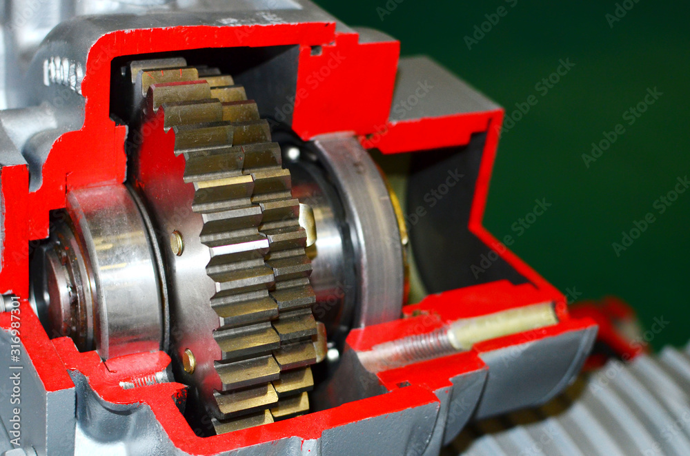 Automatic open gear box for truck. Automotive transmission repair and maintenance services, backgroung, texture. Small roughness sharpness, possible granularity - Image
