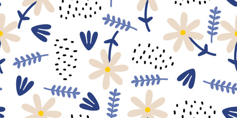 Fototapete Skandinavische Kindermuster Skandinavische Blumen Doodles in Schwarzweiß  © ngupakarti