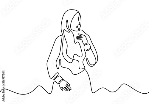 Continuous one line drawing of hijab girl. Woman wearing islamic scarf.