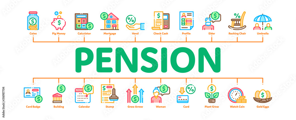 Pension Retirement Minimal Infographic Web Banner Vector. Money in Glass Bottle And Box, Calculator And Clock, Pension Finance Concept Illustrations Pension Retirement Minimal Infographic Web Banner Vector. Money in Glass Bottle And Box, Calculator And Clock, Pension Finance Concept Illustrations