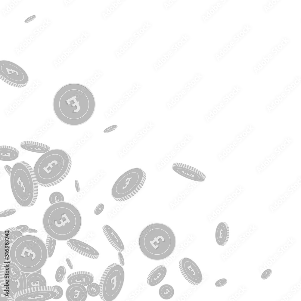 British pound coins falling. Scattered black and w British pound coins falling. Scattered black and w