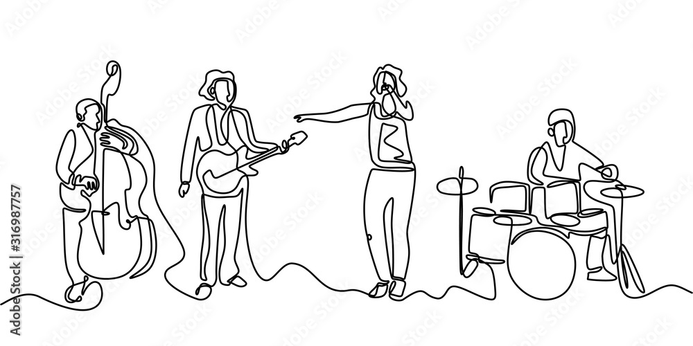 Jazz Music concert one line drawing. Continuous single hand drawn  minimalism. Vector illustration of people group band including singer,  guitarist, and drummer. Simplicity contour linear style. Stock-vektor |  Adobe Stock