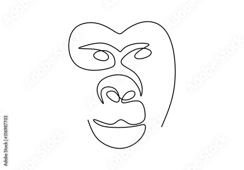 one line monkey drawing. Vector animal chimpanzee or gorilla face.