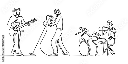 Music festival concert one line drawing. Continuous single hand drawn minimalism. Vector illustration of people group band including singer, guitarist, and drummer. Simplicity contour linear style.