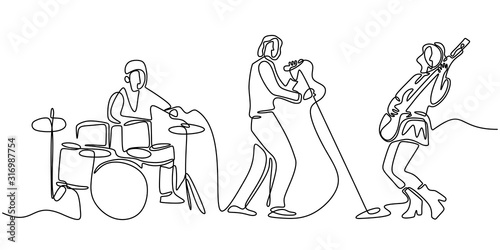 Music festival concert one line drawing. Continuous single hand drawn minimalism. Vector illustration of people group band including singer, guitarist, and drummer. Simplicity contour linear style.