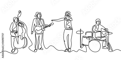 Jazz Music concert one line drawing. Continuous single hand drawn minimalism. Vector illustration of people group band including singer, guitarist, and drummer. Simplicity contour linear style.