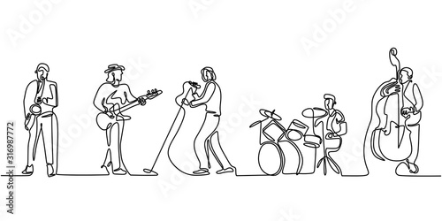 Group band music performance. Continuous one line drawing. Single hand drawn sketch minimalism. People with classical music instruments. Jazz and soul with singer.