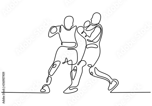 Fighter give a punch to opponent. Kick boxing one line drawing. Continuous single hand drawn sport athlete. Contour sketch minimalism style.