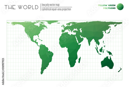 World map with vibrant triangles. Cylindrical equal-area projection of the world. Yellow Green colored polygons. Beautiful vector illustration.