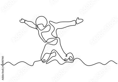 Skydiving one line drawing. Vector single continuous hand drawn of person jumping and flying from airplane. Adrenaline and extreme sport minimalism contour sketch illustration. Skydiver in action.