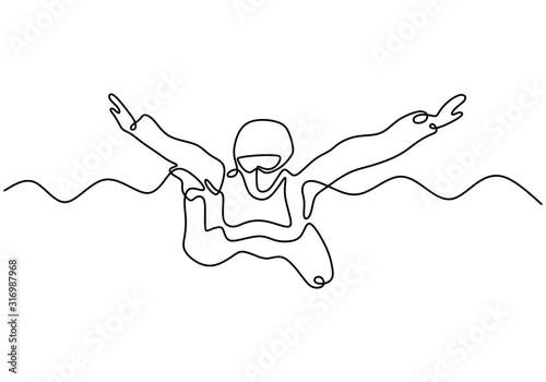Skydiving one line drawing. Vector single continuous hand drawn of person jumping and flying from airplane. Adrenaline and extreme sport minimalism contour sketch illustration. Skydiver in action.