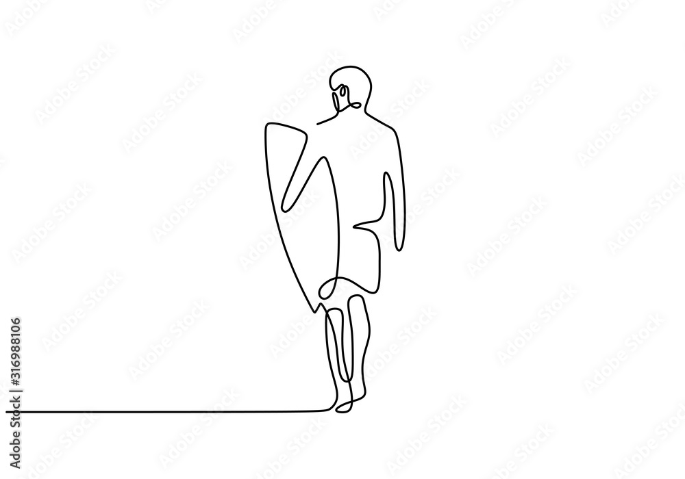 Person walking with surf board. Surfing sport theme. Summer break and vacation minimalism vector illustration isolated on white background. - obrazy, fototapety, plakaty 
