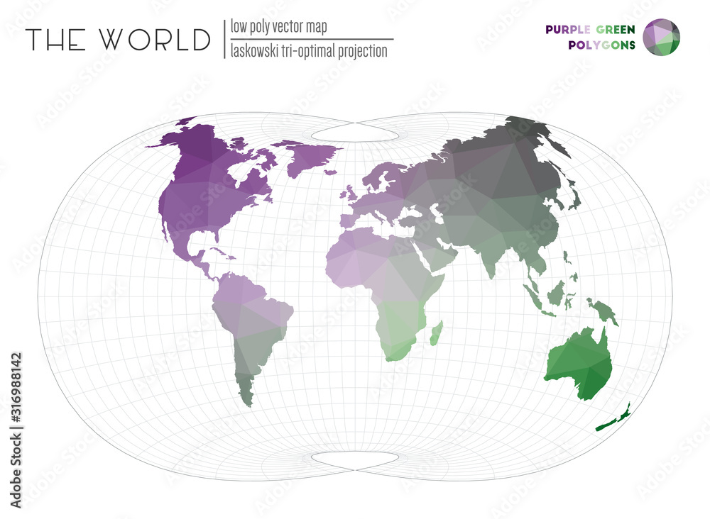 Low poly world map. Laskowski tri-optimal projection of the world. Purple and green colored polygons. Neat vector illustration. Low poly world map. Laskowski tri-optimal projection of the world. Purple and green colored polygons. Neat vector illustration.