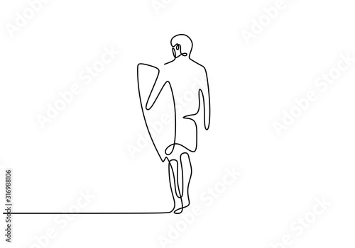 Person walking with surf board. Surfing sport theme. Summer break and vacation minimalism vector illustration isolated on white background.
