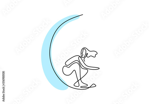 One line surfing sport. Vector illustration person standing on surf board on wave.