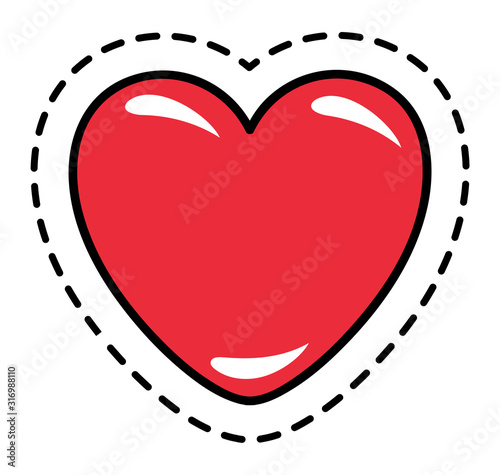 Heart cartoon shape in path isolated on white. Love symbol Valentine day element in frame. Romantic object in red color for wedding holiday. Minimalism of romance decorative sign in border vector