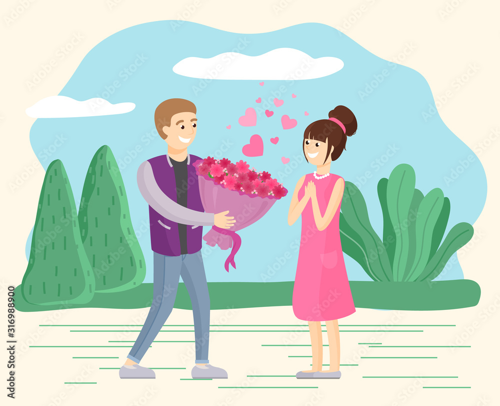 Man Giving Bouquet To Woman Couple On Date In Park Love And Male And Female Characters Vector Girl And Guy With Flowers Boyfriend And Girlfriend Relationship Or Lovers Romance Illustration Stock Vector Man Giving Bouquet To Woman Couple On Date In Park Love And Male And Female Characters Vector Girl And Guy With Flowers Boyfriend And Girlfriend Relationship Or Lovers Romance Illustration Stock Vector
