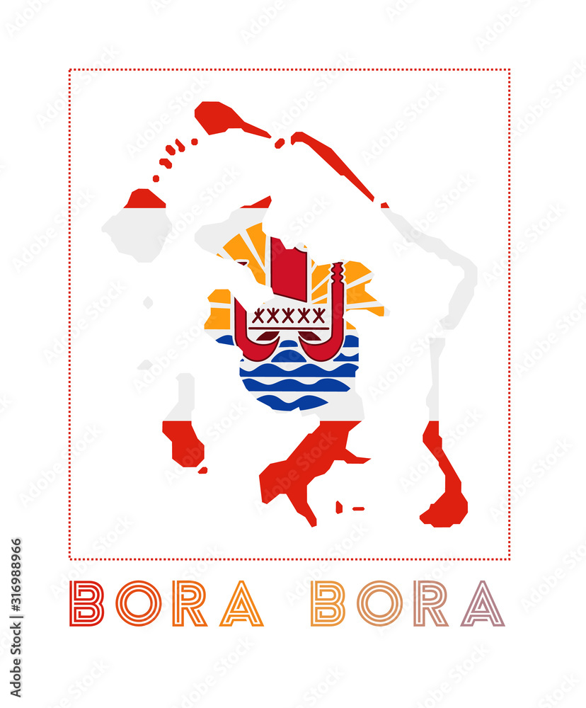 Bora Bora Logo. Map of Bora Bora with island name and flag. Captivating vector illustration.