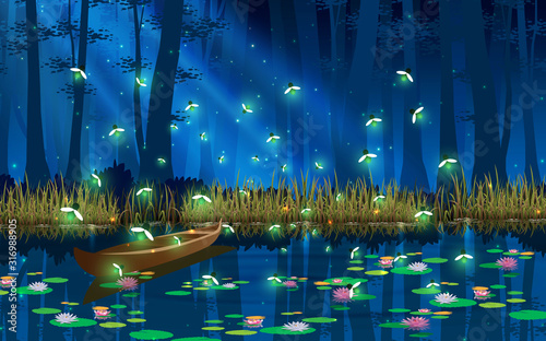 firefly and boat in the swamp in the full moon night