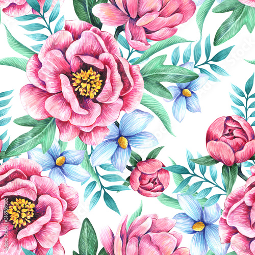 Seamless floral pattern. Fabric and packaging design. Handwork in watercolor.	