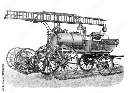 Old fire brigade car - fire truck old Antique illustration from Brockhaus Konversations-Lexikon 1908
