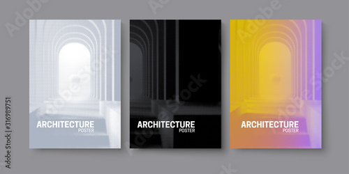 Architecture poster set. Vector architectural illustration. Interior space. Cover layout textured with halftone pattern. Engineering or building concept