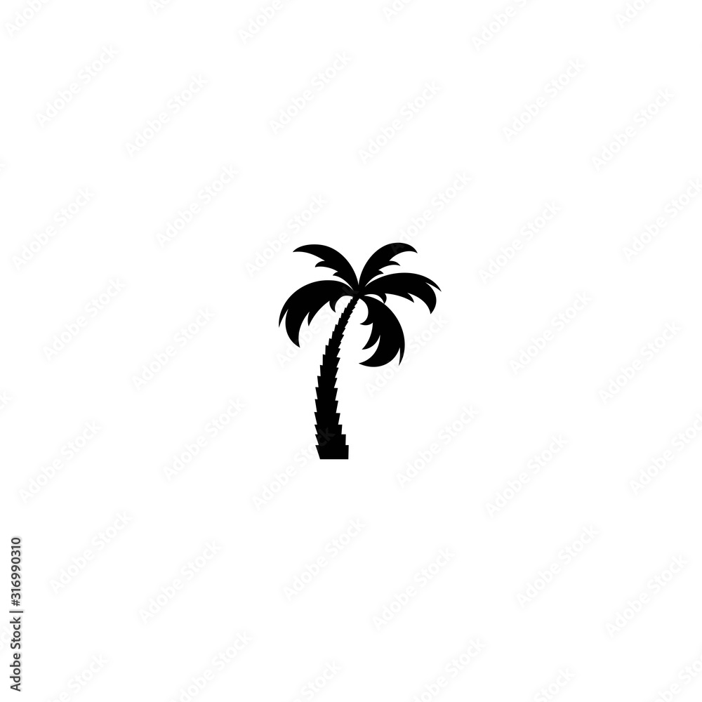 Black palm trees on little island with sun and ocean waves isolated on white.