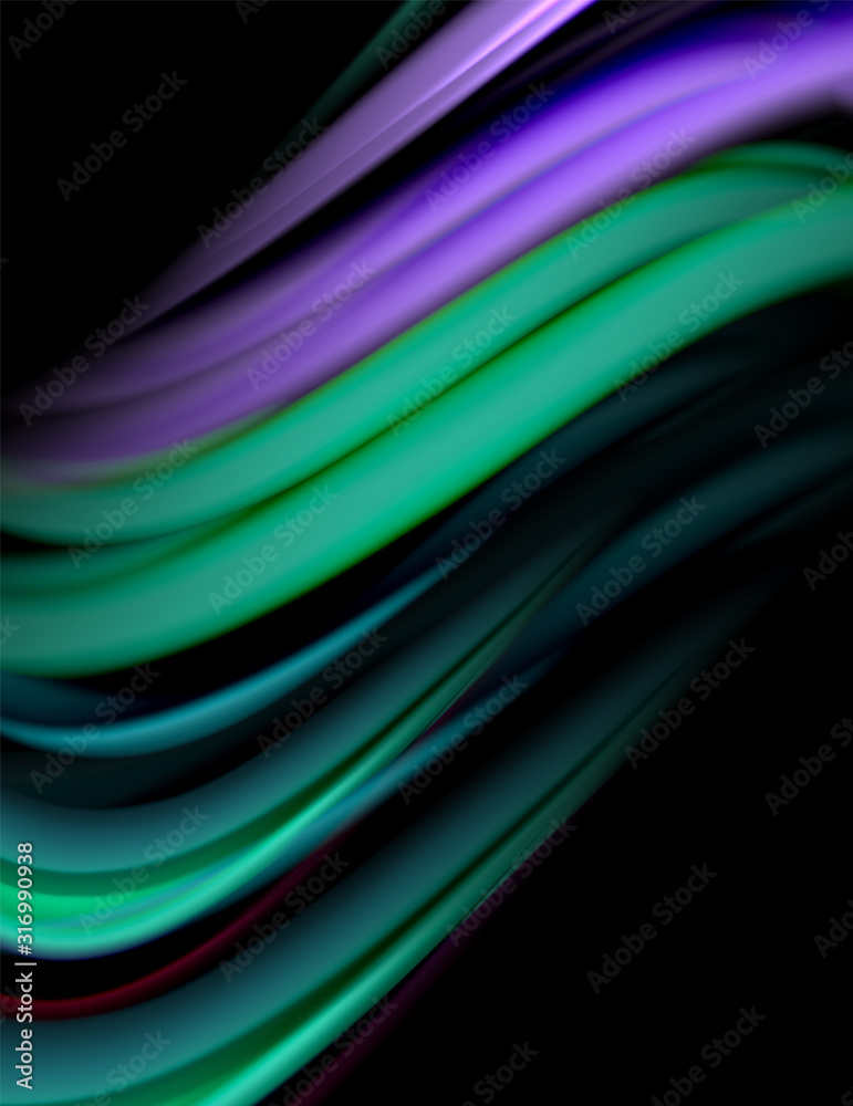 Obraz premium Silk smooth lines on black, liquid fluid color waves. Vector Illustration