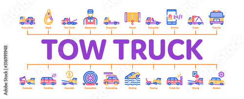 Tow Truck Transport Minimal Infographic Web Banner Vector. Tow Truck Evacuating And Transportation Broken Car, Winch And Hook Concept Illustrations