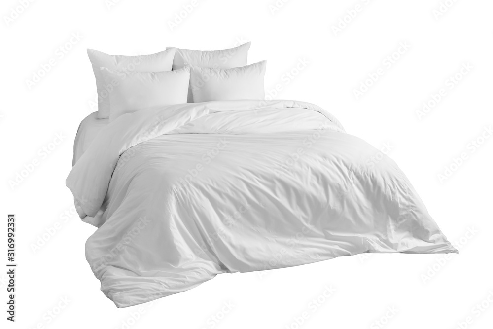 Bed with white bedlinen Isolated on white background. Side view. Stock
