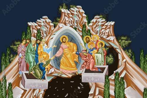 Easter. Illustration in Byzantine style depicting the scene of the Jesus Christ's resurrection photo