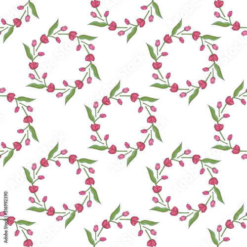 Wallpaper Mural Seamless background with round frames of horizontal pink tulips on white background. Endless floral background for your design. Torontodigital.ca