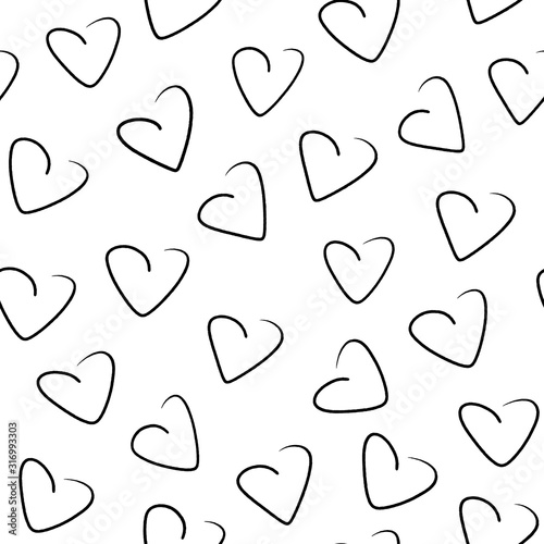 Black hearts. Happy Valentines Day handdrawn greeting card. Holiday poster, congratulate, calligraphy illustration, wedding print. Love heart sign infinity. Seamless pattern design on white background