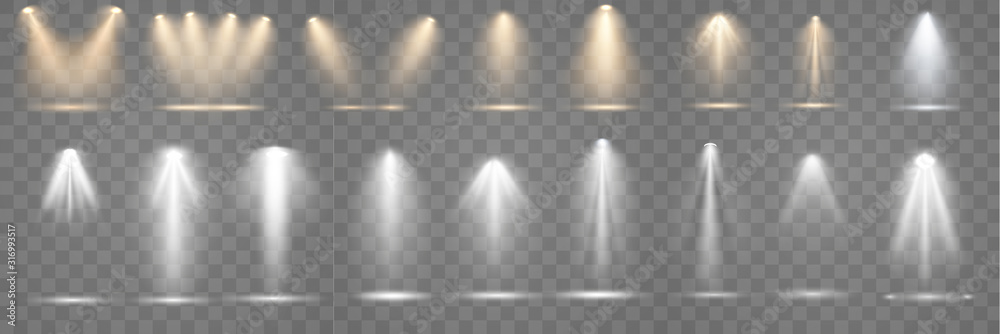 Plakat Zestaw reflektorów świeci na scenie, scenie, podium. Jasne oświetlenie z reflektorami. Oświetlenie punktowe sceny. Efekt świetlny lampy błyskowej obiektywu lub lampy.