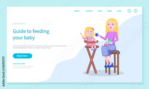 Guide to feed your baby. Mother giving small daughter sitting on chair food. Mommy and kiddo eating meal given by mom. Care for children. Website or webpage template, landing page vector in flat