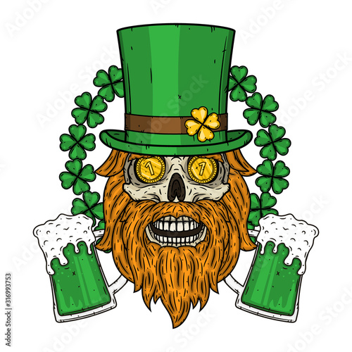 Irish skull. The skull of Saint Patrick's with green hat, glass beer and clover leaves.