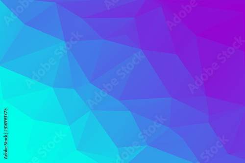 Low Poly Blueish Color background made from Triangle Shapes. Gradient goes from aquamarine to purple.  Could be used as wallpaper